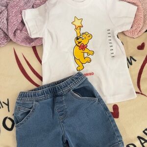 New HARIBI White Tee and Blue Denim Set